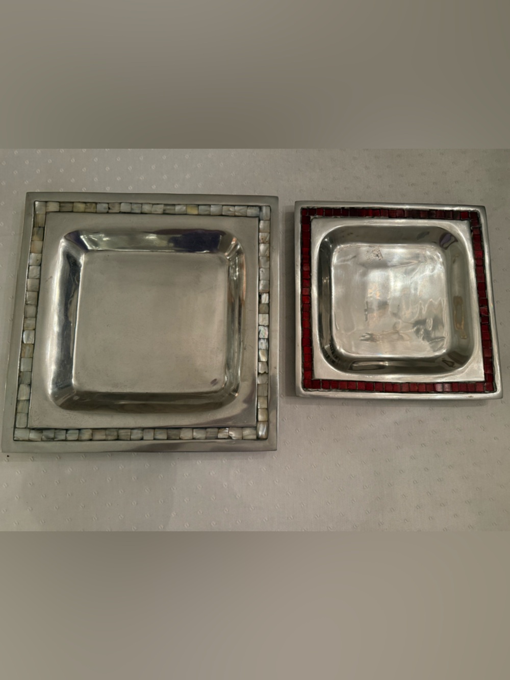 Set of 2 Square Decorative Metal Dishes with Mosaic Trim
